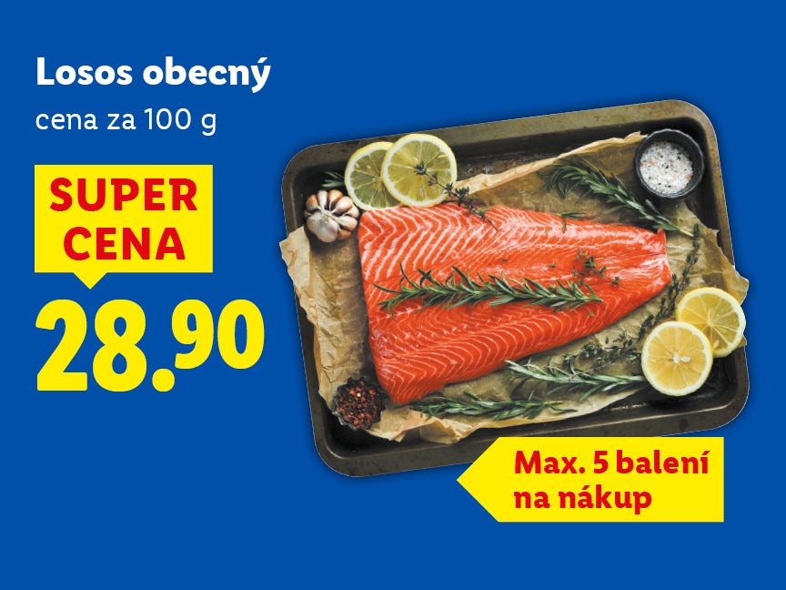 Losos obecný, cena za 100 g je 28,90 Kč.