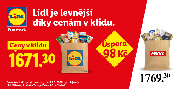 Reklamní banner Lidl srovnávající ceny nákupu s řetězcem Penny: Lidl uvádí cenu nákupu 1671,30 Kč a úsporu 98 Kč oproti nákupu v Penny za 1769,30 Kč.