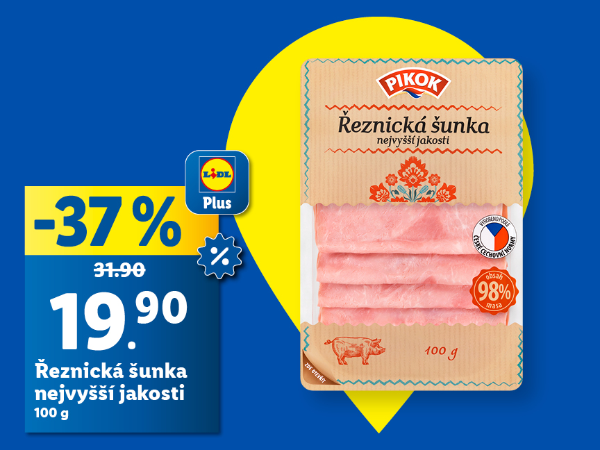 Krájená řeznická šunka nejvyšší jakosti, vakuově balené, šunka je na modrém pozadí za akční cenu s aplikací Lidl Plus, která je 19,90 Kč.