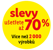 Žluté kolečko s červeným text "slevy  - ušetřete až 70 % na více než 2000 výrobků"