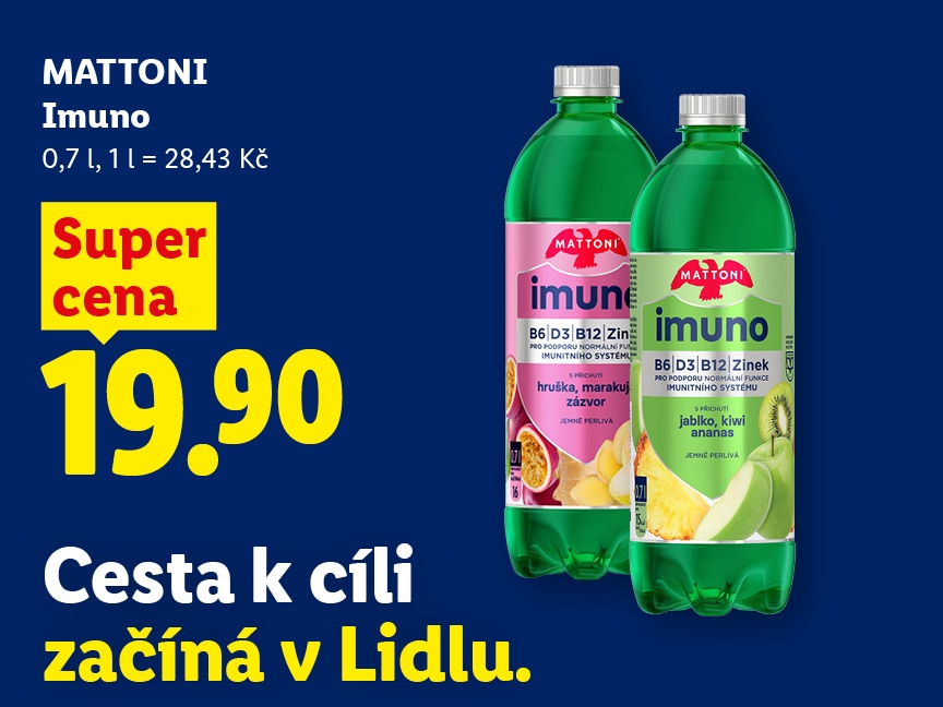 Reklamní banner z nabídky „Cesta k cíli začíná v Lidlu“ zobrazuje dvě lahve ochucené minerální vody Mattoni Imuno (0,7 l) na tmavě modrém pozadí. V levé části je uvedena akční nabídka „Super cena“ 19,90 Kč s přepočtem na litr (1 l = 28,43 Kč). Vpravo jsou zobrazeny dvě lahve – jedna s příchutí hruška, marakuja a zázvor, druhá s příchutí jablko, kiwi a ananas.