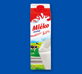 Čerstvé mléko, 1 l za 21,90 Kč.