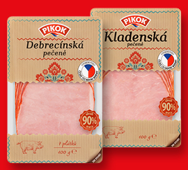 Balení debrecinské pečeně a kladenské pečeně na červeném pozadí
