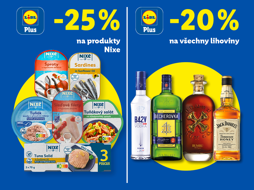 Sleva 25 % s Lidl Plus na všechny produkty Nixe a sleva 20 % na všechny lihoviny od pondělí v Lidlu.