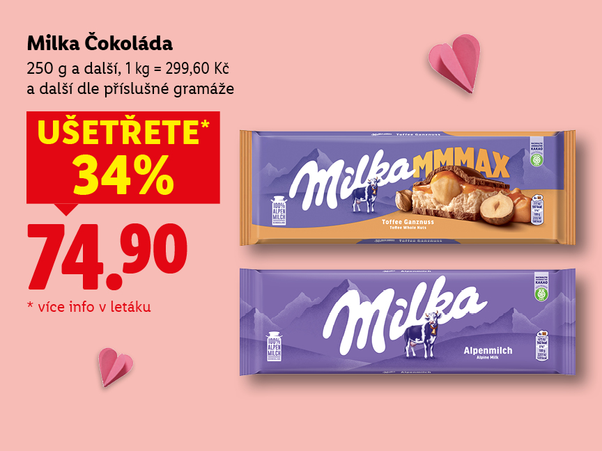 Milka čokoláda, ze za 250 g za 74.90 Kč