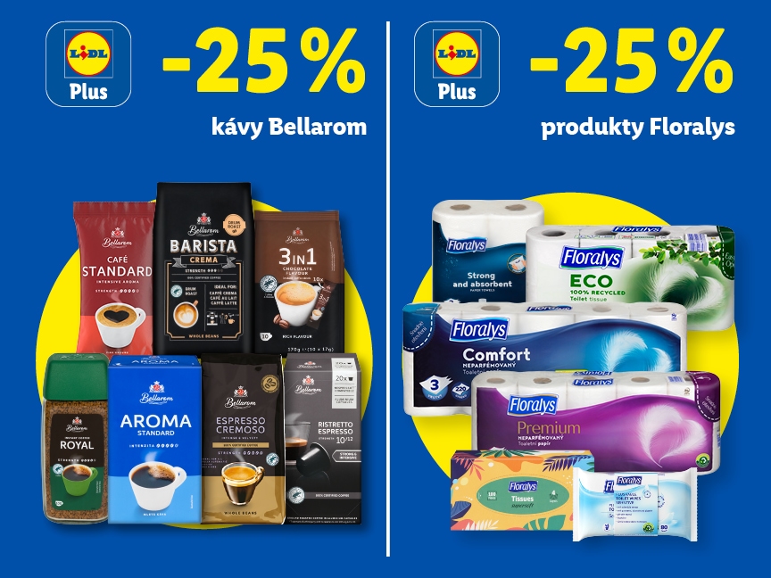 Sleva 25 % s Lidl Plus na kávy Bellarom a produkty Floralys od pondělí v Lidlu.