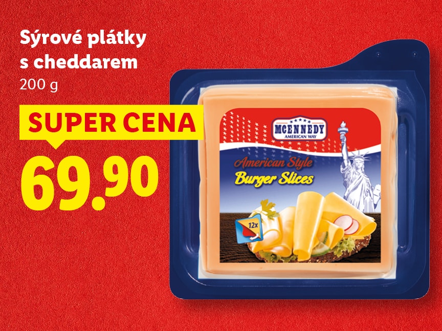 Sýrové plátky s chedarrem za super cenu 69,90 Kč.