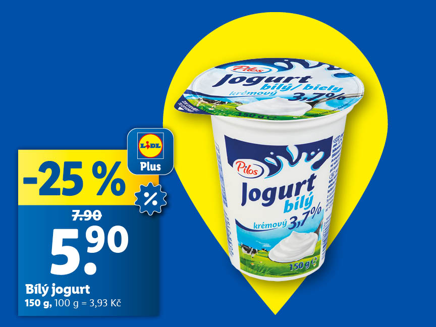 Bílý jogurt na modrém pozadí za akční cenu s aplikací Lidl Plus 5,90 Kč