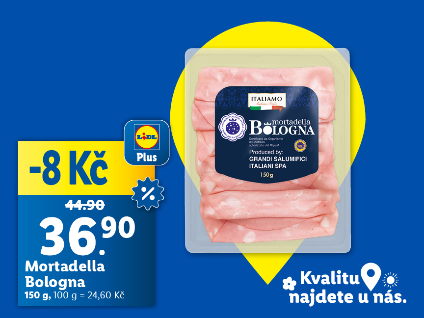 Mortadella Bologna, cena za 100 g balení je 36,90 Kč.