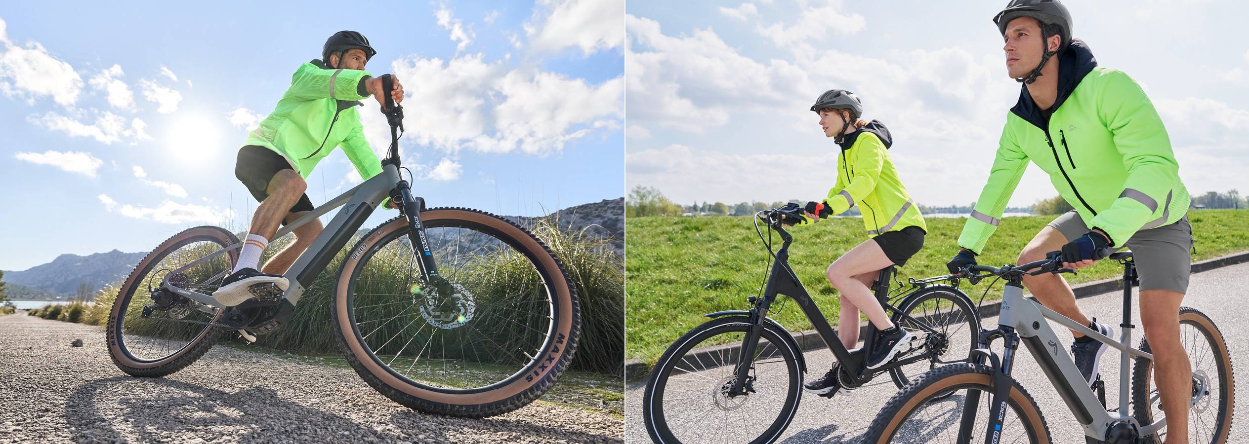Dva lidé na elektrických horských kolech v jasně žlutých cyklistických bundách.