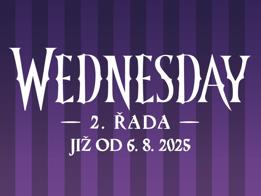 Plakat oznamuje 2. řadu seriálu Wednesday od 6. 8. 2025.