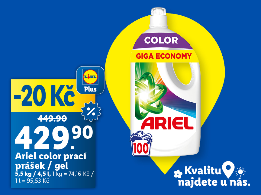 Ariel color prací gel, cena s aplikací Lidl Plus je 429,90 Kč