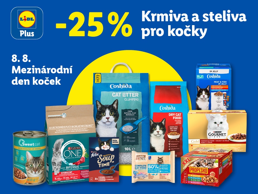 Sleva 25 % na krmiva a steliva pro kočky od pátka v Lidlu.